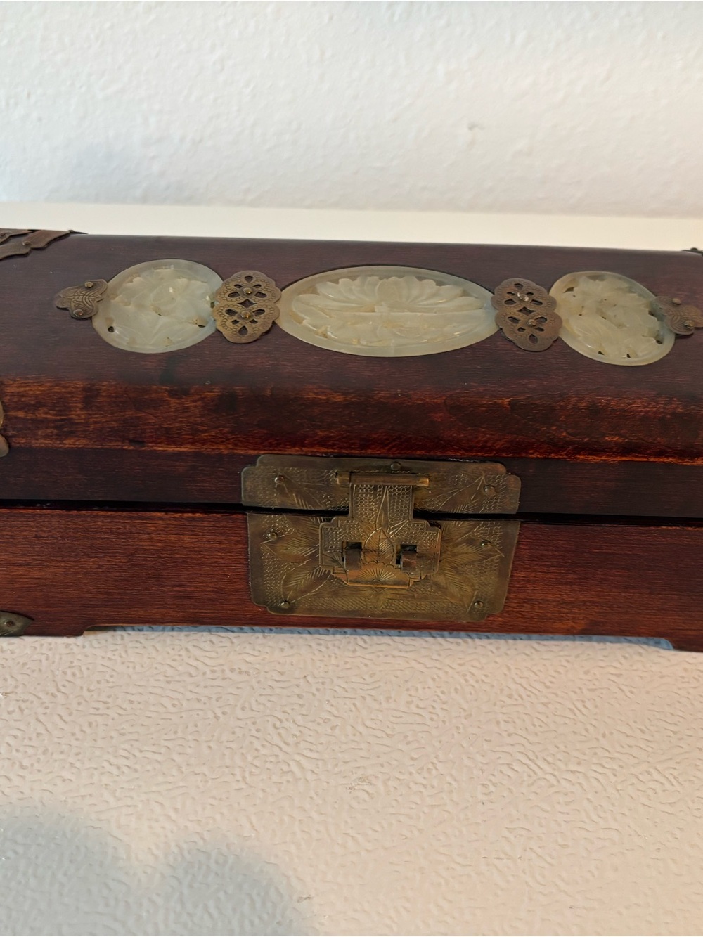 Wood Jewelry Box with Carved Pale Green Jade Inlay - Brown